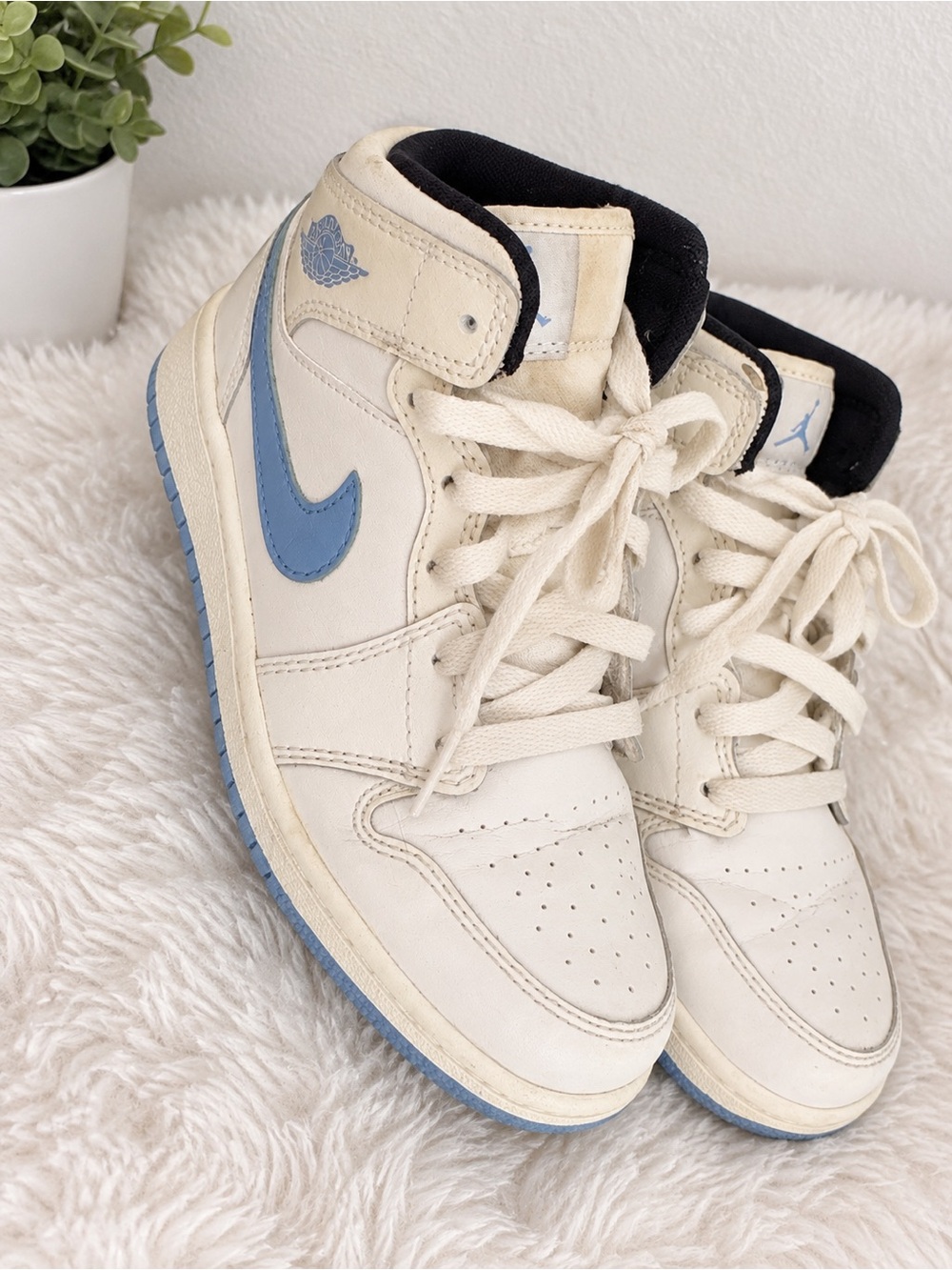 Jordan Women's High-Top Sneakers in Cream with Light Blue Swoosh